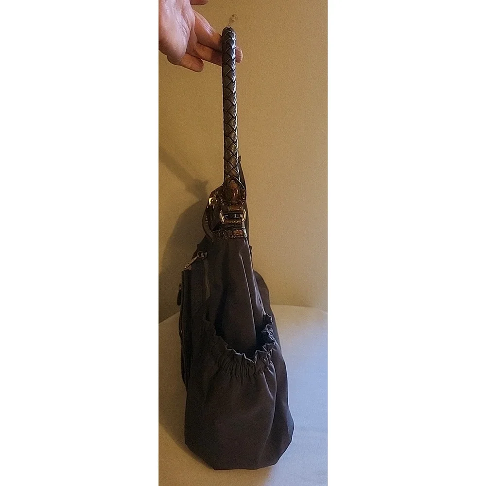 Vintage Brighton Gray Nylon Shoulder Bag Hobo Brown Leather Trim Braided Handle